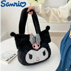 Kuromi Plush Purse Handbag Black with Gingham Bow and PInk Skull NWT